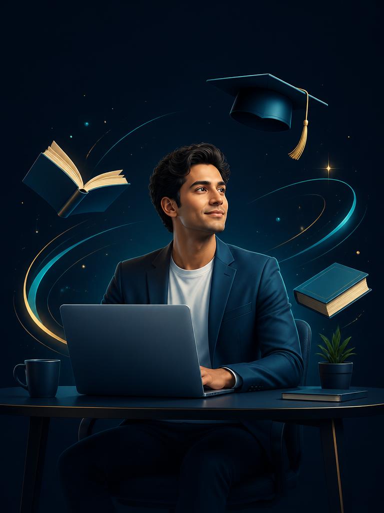Professional working at a laptop surrounded by books